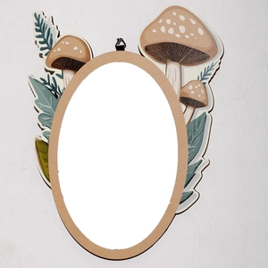 Detail of wooden mushroom wall decor featuring acrylic mirror and natural earth tone patterns