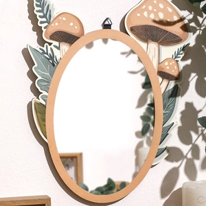 Creative mushroom decorative wall mirror with wooden frame and hand-painted leaf motifs