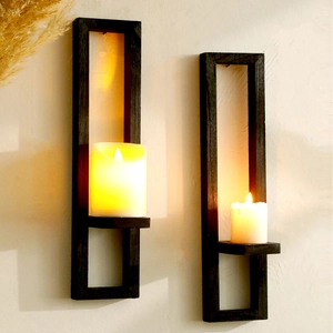 Set of two minimalist black wooden wall candle holders with rectangular geometric frames
