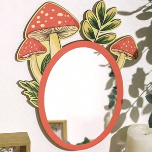 Detail of mushroom wooden acrylic mirror hanging on white wall with botanical shadows