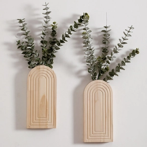 Minimalistische houten wandvazen set met eucalyptus groen voor huisdecoratie