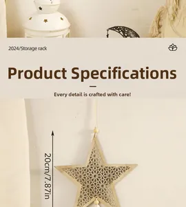 Detail of wooden star hanging decor with laser-cut patterns and 20cm height measurement