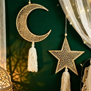 Nordic Bohemian Star Moon Hollow Out Wooden Wall Hanging With White Tassels For Bedroom Living Room Home Decor Accessories