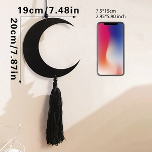 Modern black crescent moon wooden wall hanging decor with elegant long tassels, 19x20cm size