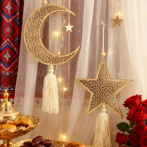 Moon and star laser-cut wooden ornaments with tassels for home wall decoration
