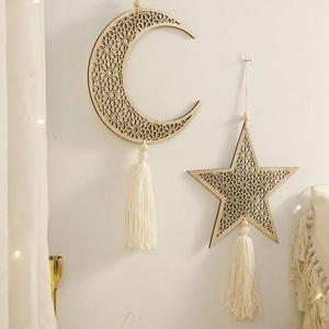 Bohemian moon and star wooden wall hangings with cotton tassels for home decor