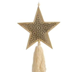 Bohemian moon star wooden wall hanging with geometric cutouts and white fringe tassel