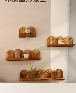 Modern burnt wood arched wall shelf with minimalist wavy texture for home decor