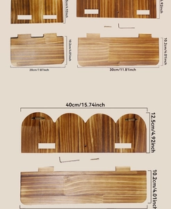 Detailed view of dark brown wood wall shelves in various sizes with mounting accessories