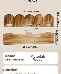 Detailed parts of circular wooden wall shelf with installation screws and hex key tools