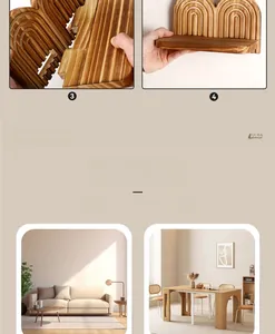 Detail view showing carved wooden storage rack with arched patterns in a living room