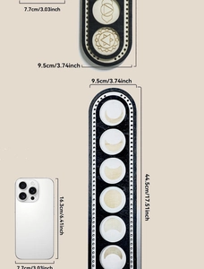 Vertical wall display showing product dimensions and scale against a mobile phone