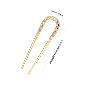 Épingle à cheveux en U dorée avec strass et dimensions montrant 10cm de longueur