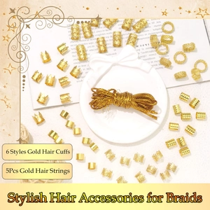 65-piece gold hair jewelry set featuring crown rings and tubes for braiding