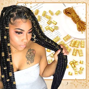 65-piece gold plated dreadlock jewelry set with metal cuffs and spring rings for hair styling