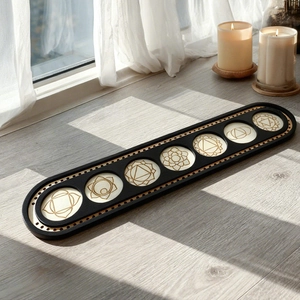 Bohemian wooden seven chakra crystal shelf wall decor with oval meditation mandala design