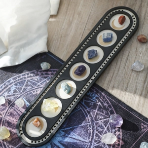 Bohemian oval wooden crystal display stand with moon phases and natural healing stones