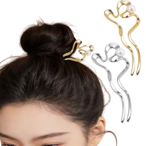 Eleganter Künstliche Perlen U-Form Haarstab Minimalistischer Wellenhaargabel Legierung Metall Duttmacher Haarnadel Für Damen Gold Silber