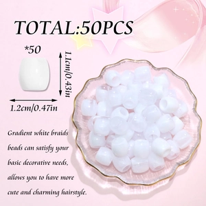 Detailed macro view of 50 pieces of white gradient acrylic dreadlock beads for hair styling