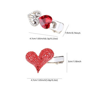 Elegant silver heart hair clips with red rhinestones and bowknot for women's side hair