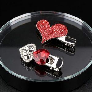 Sparkling red rhinestone heart hair clips with silver polished metal and LOVE design