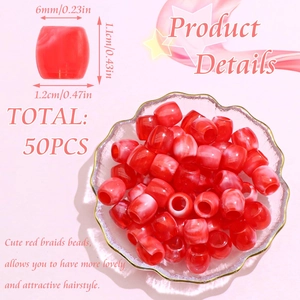 Detail showing 50 red marble acrylic dreadlock beads in a glass bowl with dimensions