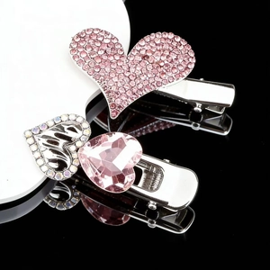 Pink rhinestone heart hair clips in silver alloy finish for women hair styling