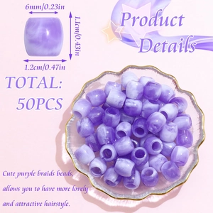 Detail view of purple acrylic dreadlock beads with dimensions for DIY hair styling
