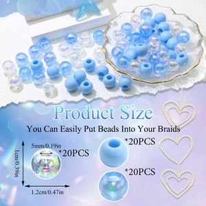 Dimensions détaillées des perles à cheveux bleues de 12 mm pour tresses et bijoux DIY