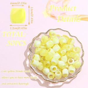 Detailed view of 50 yellow acrylic dreadlock beads with size dimensions in a glass bowl