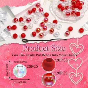 Guide des tailles pour 60 perles de cheveux en acrylique avec crochet et grands trous 5mm