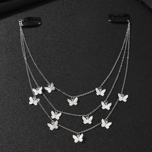 Silver multi-layered punk butterfly hair chain with black snap clips for women