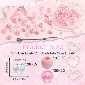 Lot de 60 perles acryliques pour tresses avec guide des tailles et outil de coiffure