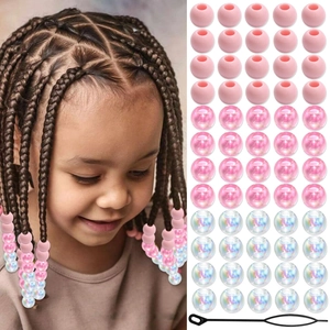 Détails de perles roses en acrylique pour tresses d'enfants avec outil d'enfilage