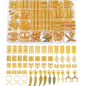 250pcs golden braid jewelry set with hollow hair rings and assorted metal pendants in box