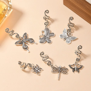Retro silver hair coils with butterfly and dragonfly charms for braided hair decoration