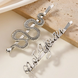 Detailed macro view of silver snake and 'Not yours' letter hair clips on a stone surface