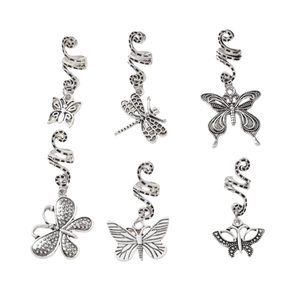 6pcs vintage silver spiral hair clips with butterfly and dragonfly metal pendants