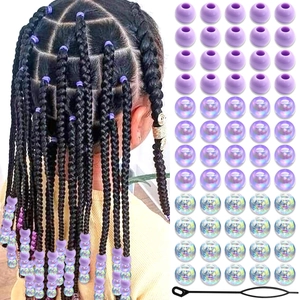 60 perles de cheveux violettes pour tresses avec outil crochet pour coiffure enfant