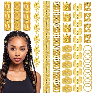 Detailed set of 220 golden dreadlock rings with crown and leaf charms for hair styling