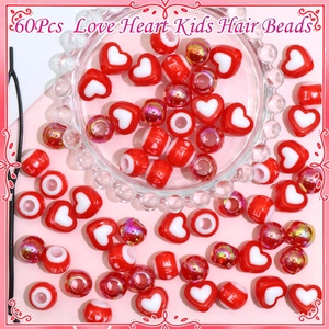 Detailed view of 60pcs red and white acrylic heart hair beads with LOVE print and tool