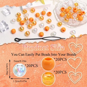 Détail de perles en acrylique pour tresses avec perles oranges et enfileur noir inclus