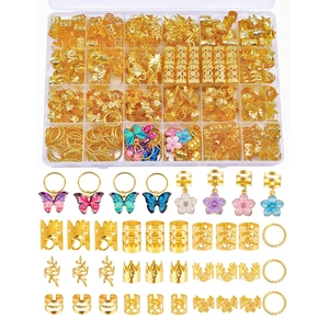 Detailset mit 280 goldenen Haarschmuckteilen mit Schmetterling- und Blumenanhängern in einer Box