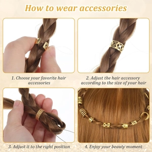 Step-by-step tutorial for applying golden dreadlock jewelry rings and hair accessories