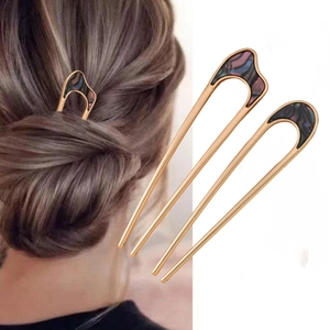 Classic U-shaped gold alloy hairpins with irregular geometric wave design and pearlescent inlay