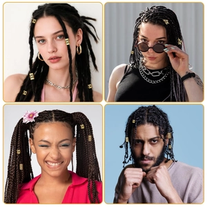 Detail shots of gold hollow metal hair rings for dreadlock braids and hair styling