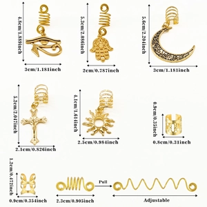 Detaillierte Größenübersicht für goldene Dreadlock-Anhänger mit Mond- und Sonnenmotiven