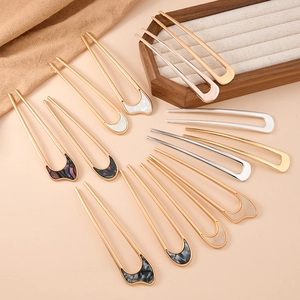 Minimalist U-Shaped Metal Hair Stick For Women Alloy Resin Inlaid Vintage Style Bun Hairpin Fashion Hair Accessory