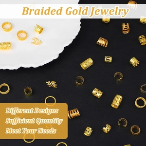 Macro view of gold plated hollow rings and crown hair charms for braids set
