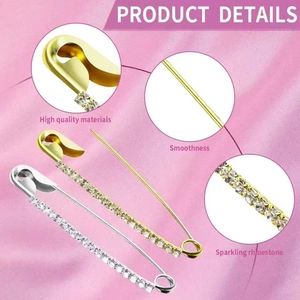 Elegant gold and silver safety pin brooches with rhinestones for sweaters and shawls